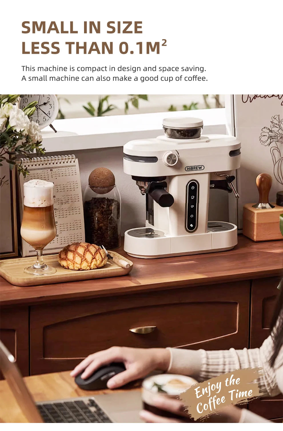 HiBREW 20 Bar Semi Automatic Espresso Coffee Maker With Grinder Bean For Cappuccino and Latte Milk Frothing System Machine H14