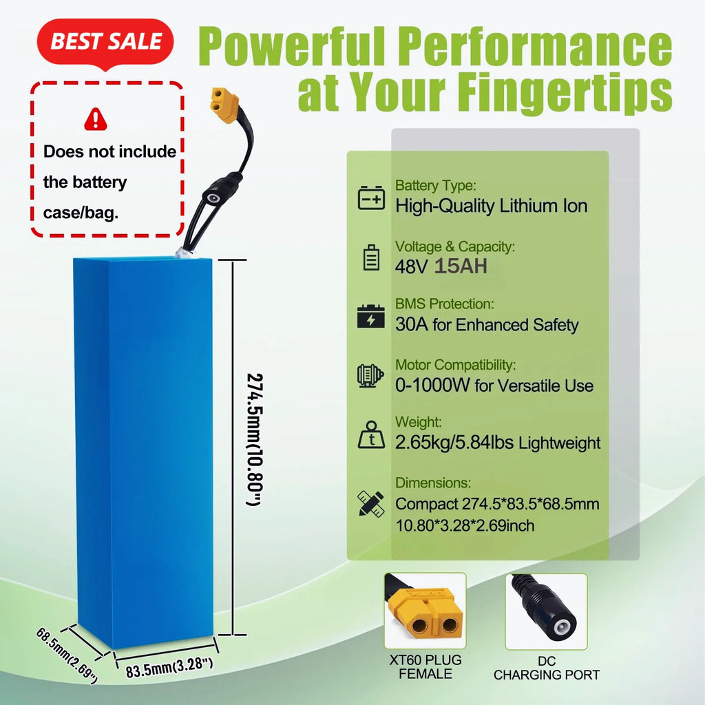 13S4P 48V 15Ah battery pack with 30A BMS, suitable for 48V250-1500W motor XT60 connector lithium ion battery 18650.00