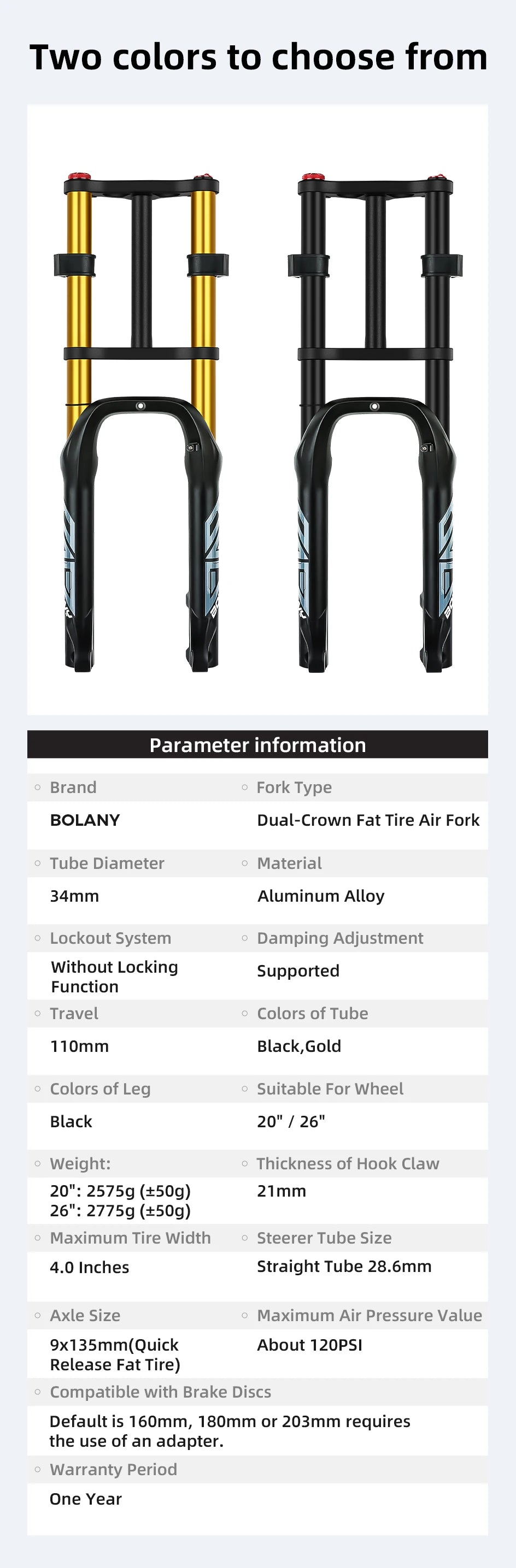 BOLANY Bicycle Snow Front Fork 20 inch 26 inch 4.0 Tire MTB Bike Fork 110mm Travel Double Shoulder Air Supension for E-Bike