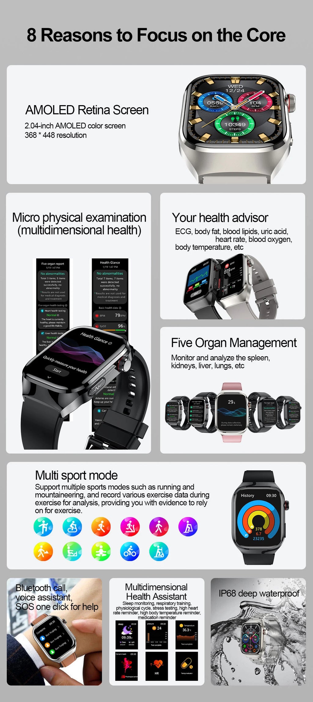 2026 New Smart Watch 2.04-inch AMOLED Screen Bluetooth Call IP68 Waterproof 650mA Sports Smartwatches Men Android Military-Grade
