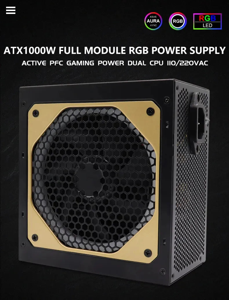 1000W RGB Dual CPU PC PSU PC Power Supply For Computer Gaming PFC Silent Fan ATX Support 3070/3080/3090 GPU Card Full Modular