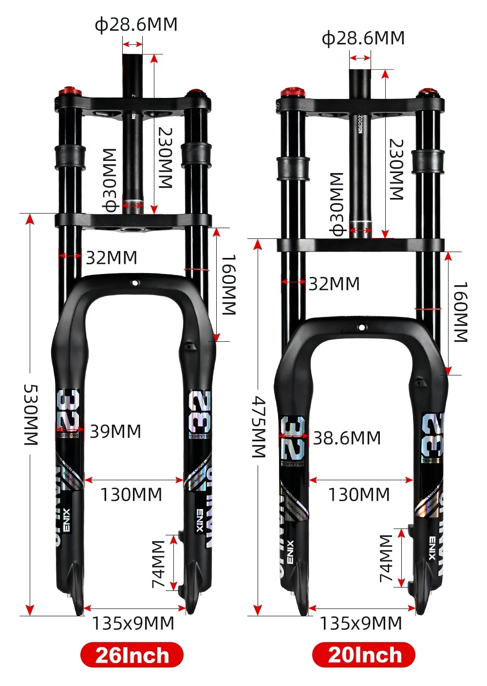 Nanlio Double Shoulder Snow Fork 20/26x4.0 Inch Fat Tire Air Suspension34mm Tube 135mm Hub Width for E-Bike MTB Electric Bicycle