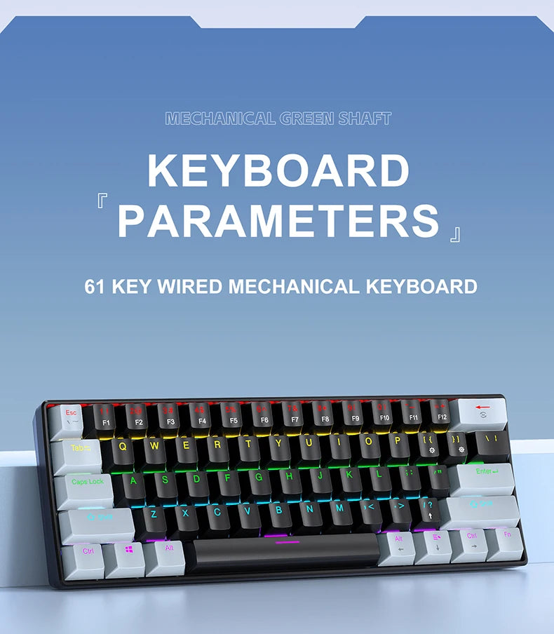 K61 Wired Mechanical Keyboard,61-key Design,1000Hz Return Rate,USB2.0 Full-speed Connection to Devices