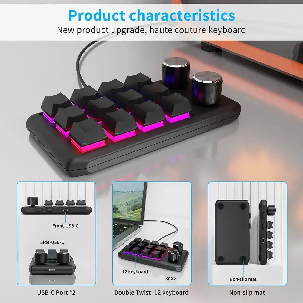 12 Keys 2 Knob Custom Mechanical Keyboard 3 Modes Bluetooth 2.4G Macro Programming Keyboard Hot-swapping Keypad for Gaming PS
