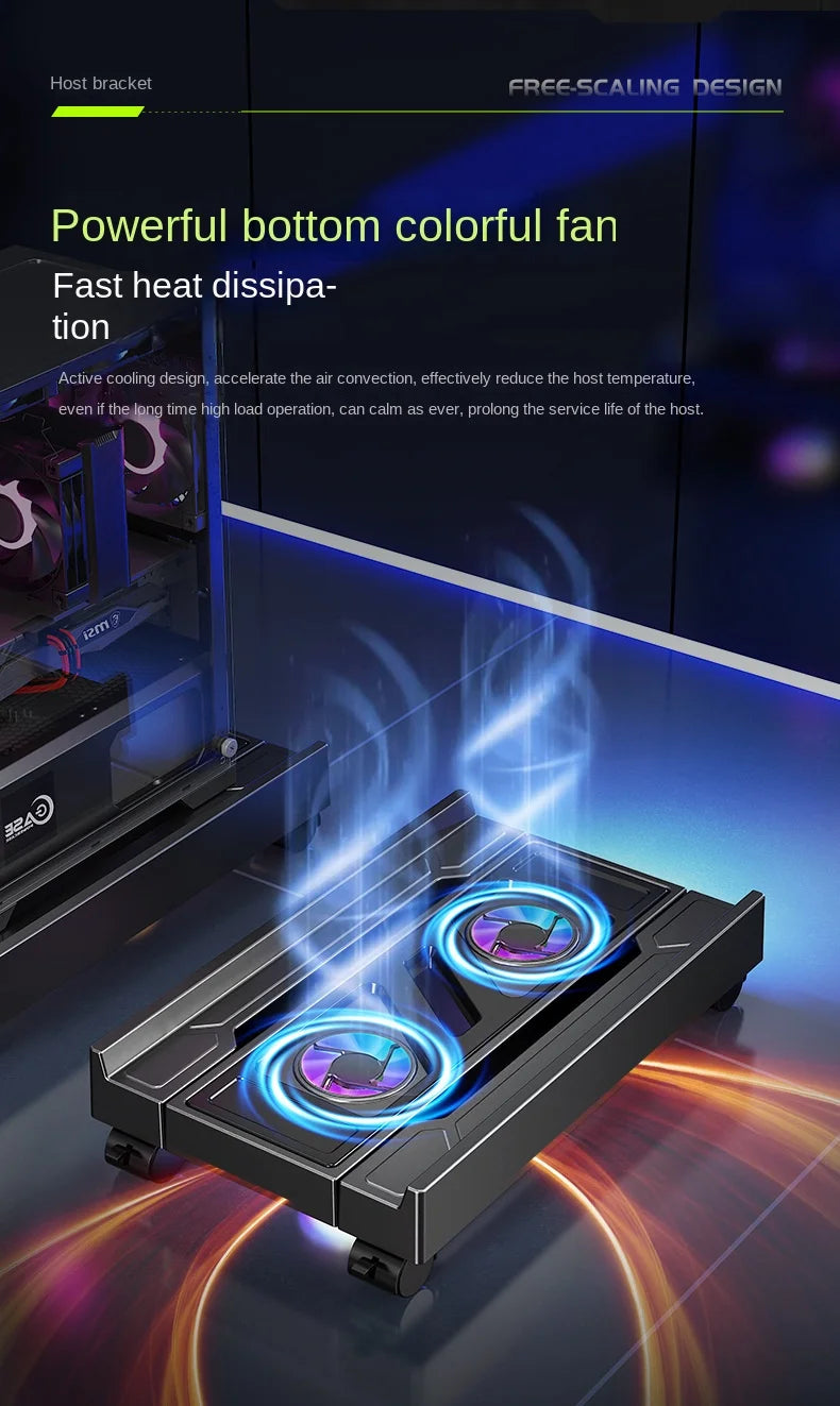 Mobile PC Tower Stand Adjustable Computer CPU Holder Telescopic Desktop Stand CPU Cart with RGB Cooling Fan Heat Dissipation