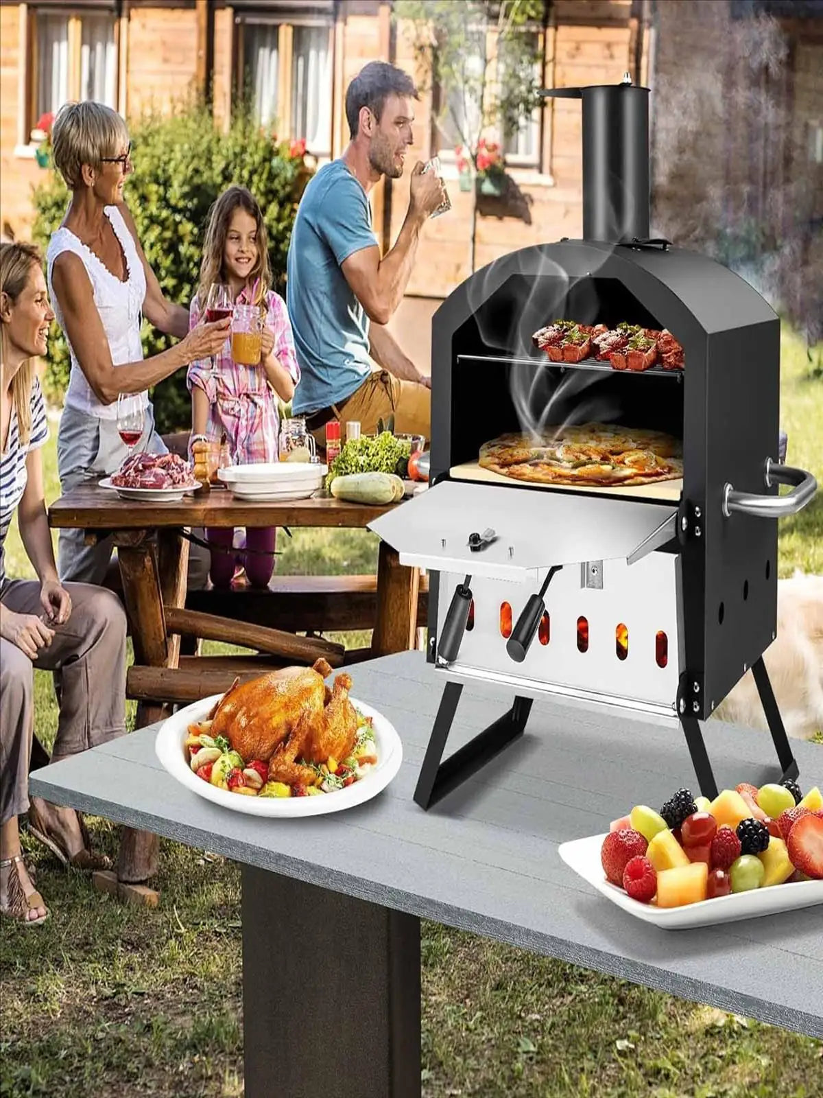 Outdoor Pizza Oven, 2-Layer Pizza Oven with Grill Grate, Pizza Stone, Pizza Shovel, Waterproof Cover, Heat Resistant Handles