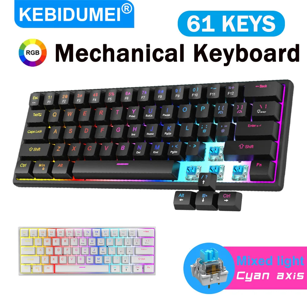 61 Keys Mechanical Keyboard Wired Gaming Keyboard Portable Ergonomics Keyboard Hot-Swappable RGB Backlit Cyan Axis Keycap For PC
