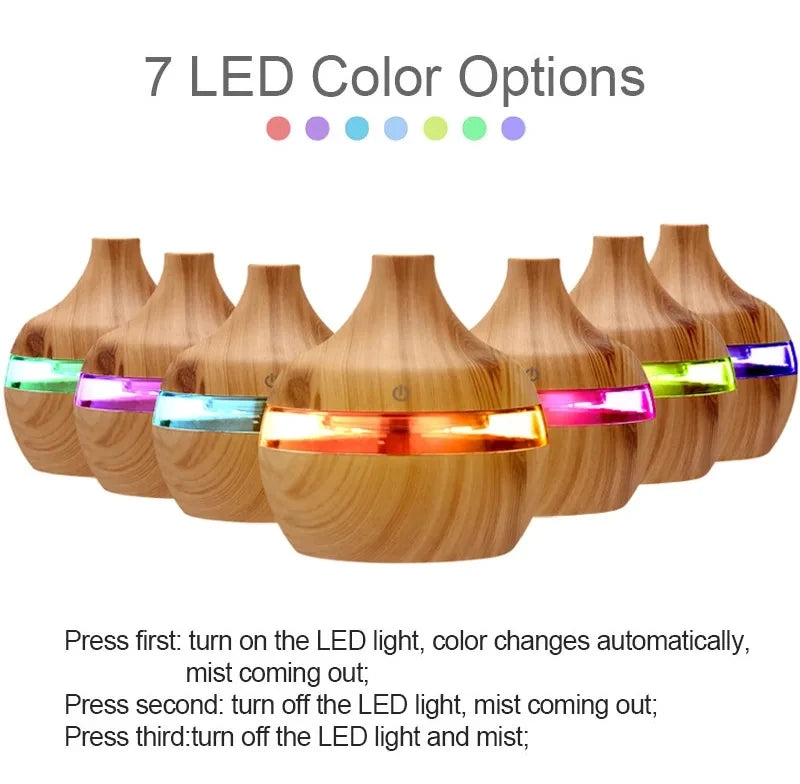 300ml High Quality Aromatherapy Essential Oil Diffuser Wood Grain Remote Control Ultrasonic Air Humidifier with 7 Colors Light