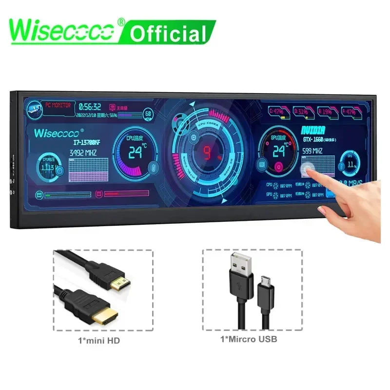 Wisecoco 12.6 Inch Secondary Screen IPS Touch Monitor Stretched Bar LCD Display 1920X515 for Aida64 Sub CPU GPU Display Laptop