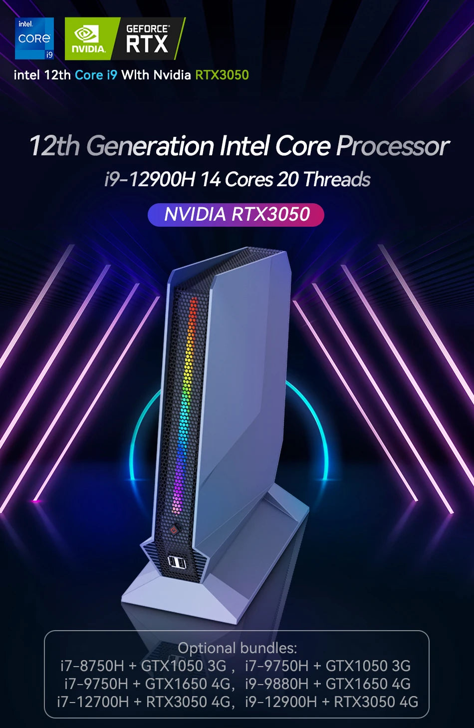 Gaming Mini Desktop PC Intel Core i9-12900H NVIDIA RTX4060 RTX3050 8GB GPU 32GB DDR4 1TB M.2 NVMe SSD WiFi6 Win11 RGB Light