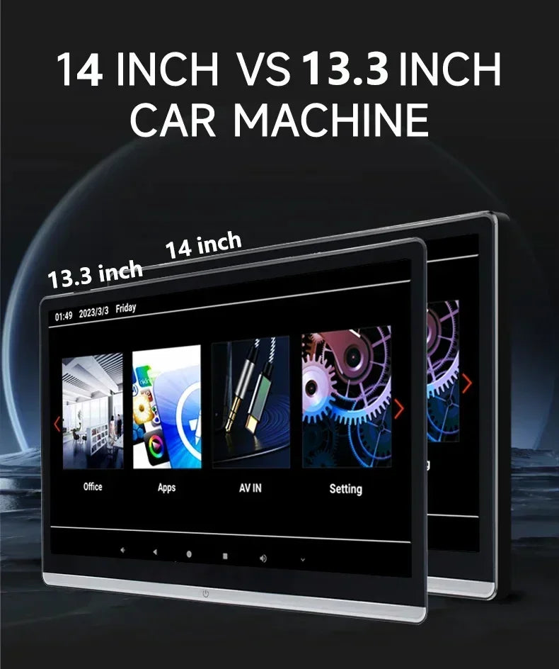 13.3/14" Car Headrest Monitor Display IPS Android 12 2G+32G/4G+64G/8G+128G Touch Screen For Car Rear Seat Player Dual HDMI Music