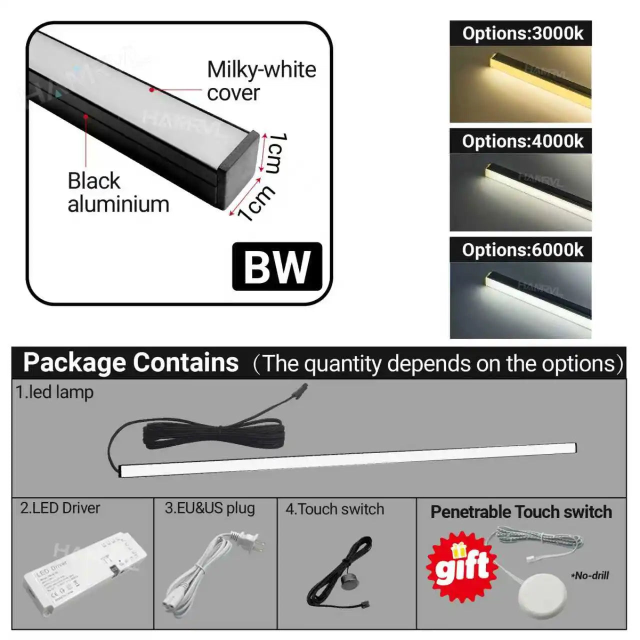 Touch Sensor LED for Wood Slat Wall Panels Decor No-drill Black/Silver Aluminum Bar Light Shelf Kitchen Wardrobe Closet Lighting