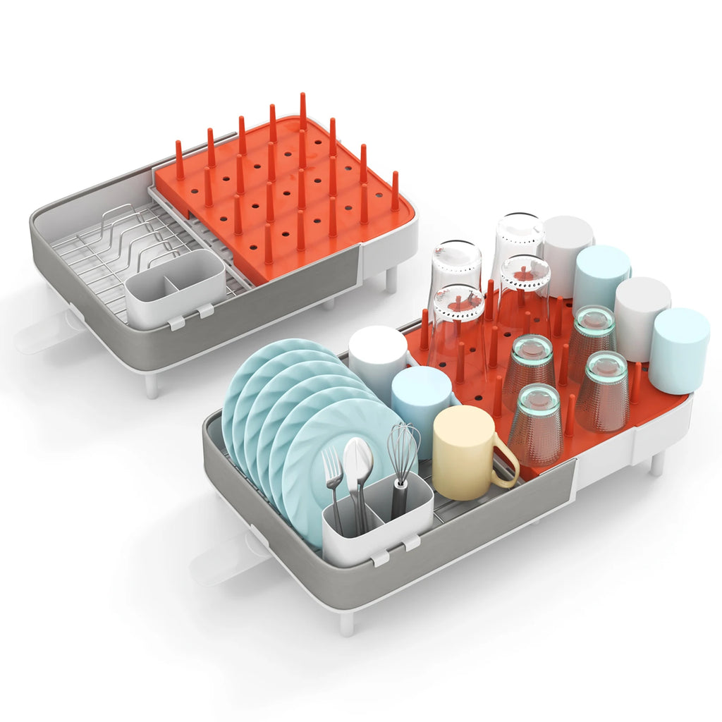 Adjustable Drainer Rack, Expandable Dish Rack with Removable Cutlery Holder & Cup Holder, 360 ° Rotating Outlet