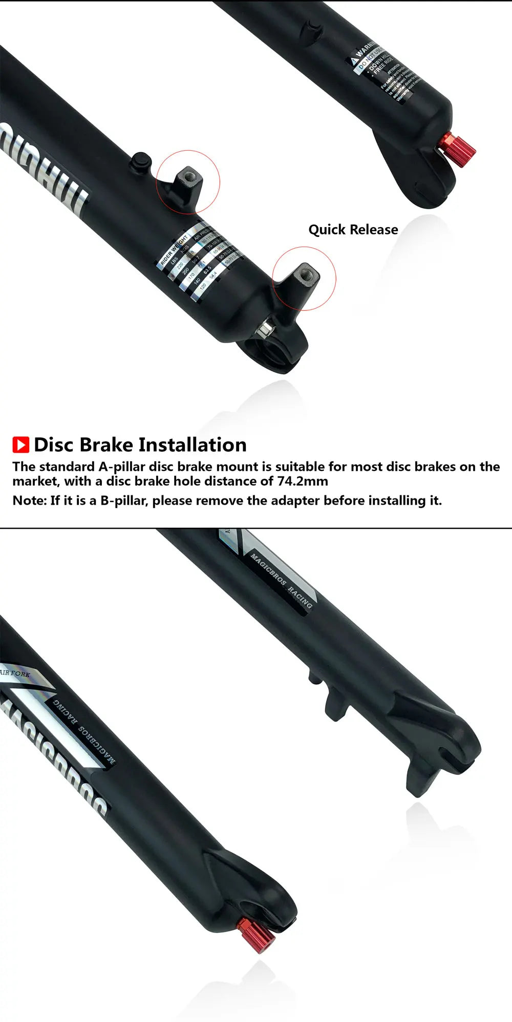 20x4.0 26*4.0 Dual Crown Motor Fork QR 9*135mm 15*135mm Beach Snow Bike Electric Fat Tire Bike Motorcycle Double Crown Air Fork