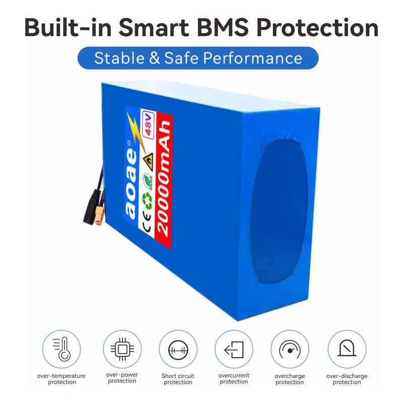 48V Battery Electric Scooter 13S8P 20Ah 18650 Grade-A Cells Battery Pack 2000W Built-in 50A BMS Long Range Safe & Durable