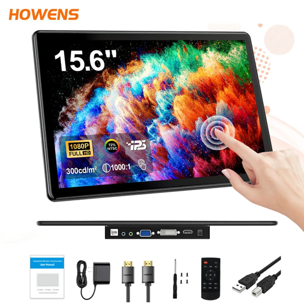 HOWENS 15.6 inch Monitor Industrial Touchscreen 1920x1080 Laptop Display HDMI 75x75 VGA BNC AV USB PC Extra Second Screen
