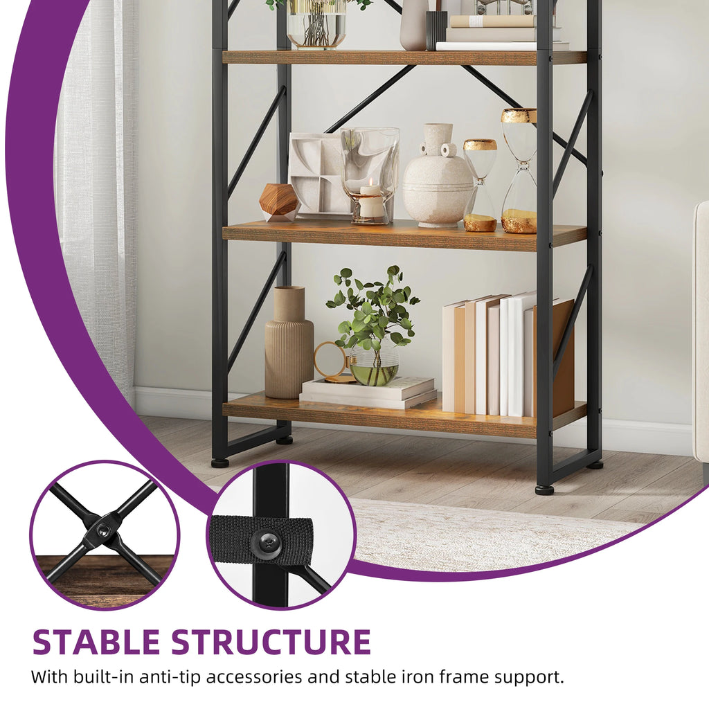 YITAHOME Rustic Brown 5-Tier Bookcase - Industrial Metal Shelf for Living Room Bedroom Office