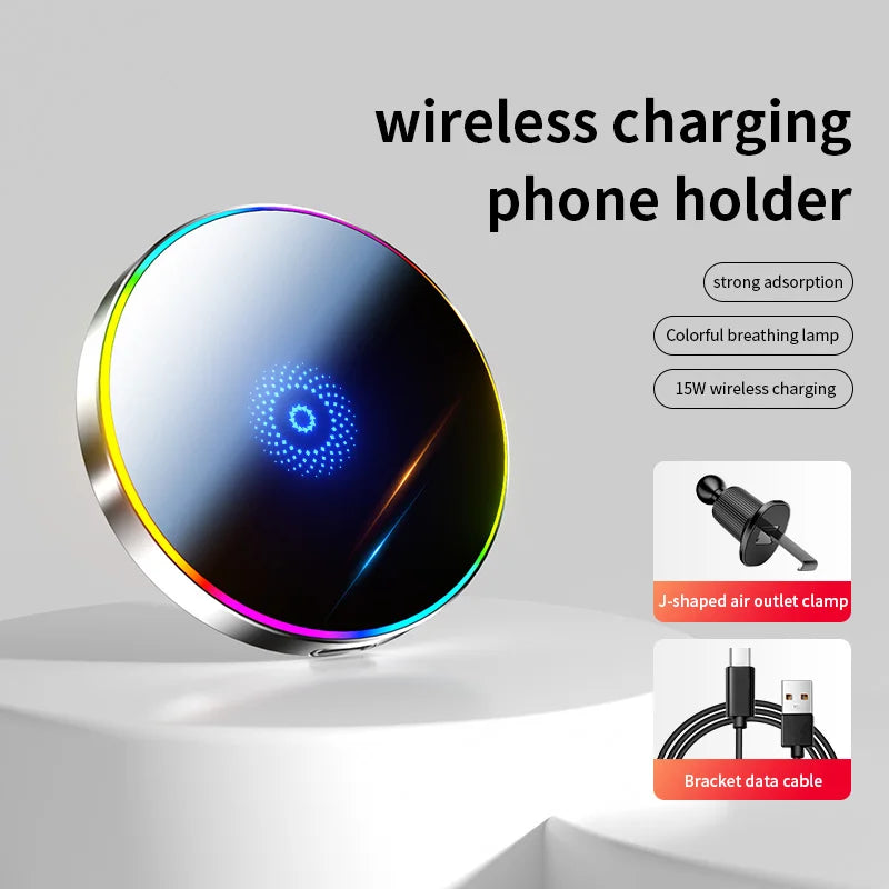 Car Magnetic Phone Holder Magnetic Wireless Car Charger Mount 15W Magnetic RGB LED Lights Magsafe Charger Base Accessories Phone