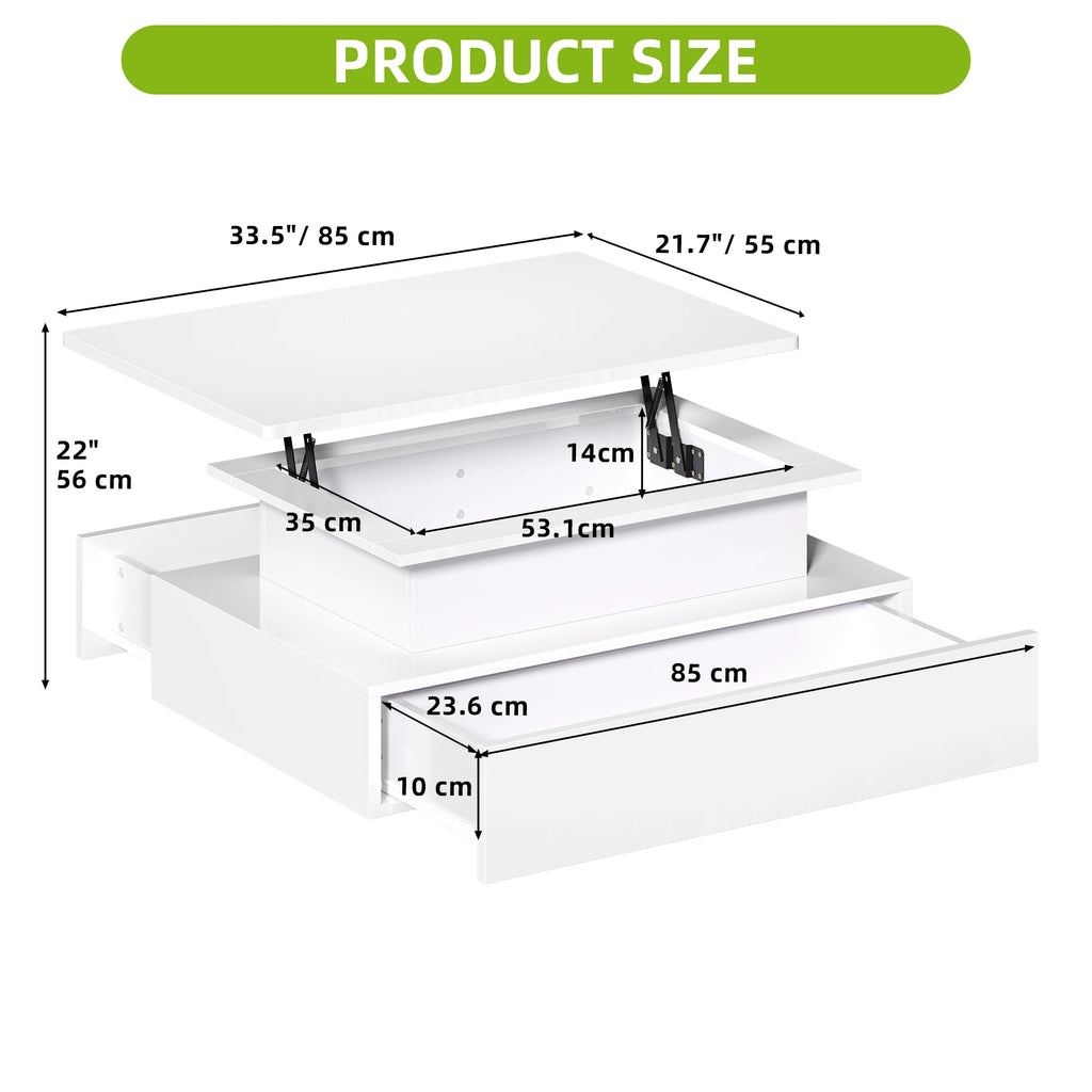 Balconera Lift-Top Coffee Table - Modern Rectangular with 16 Color LEDs & 2 Drawers, Elevated Surface with Lighting