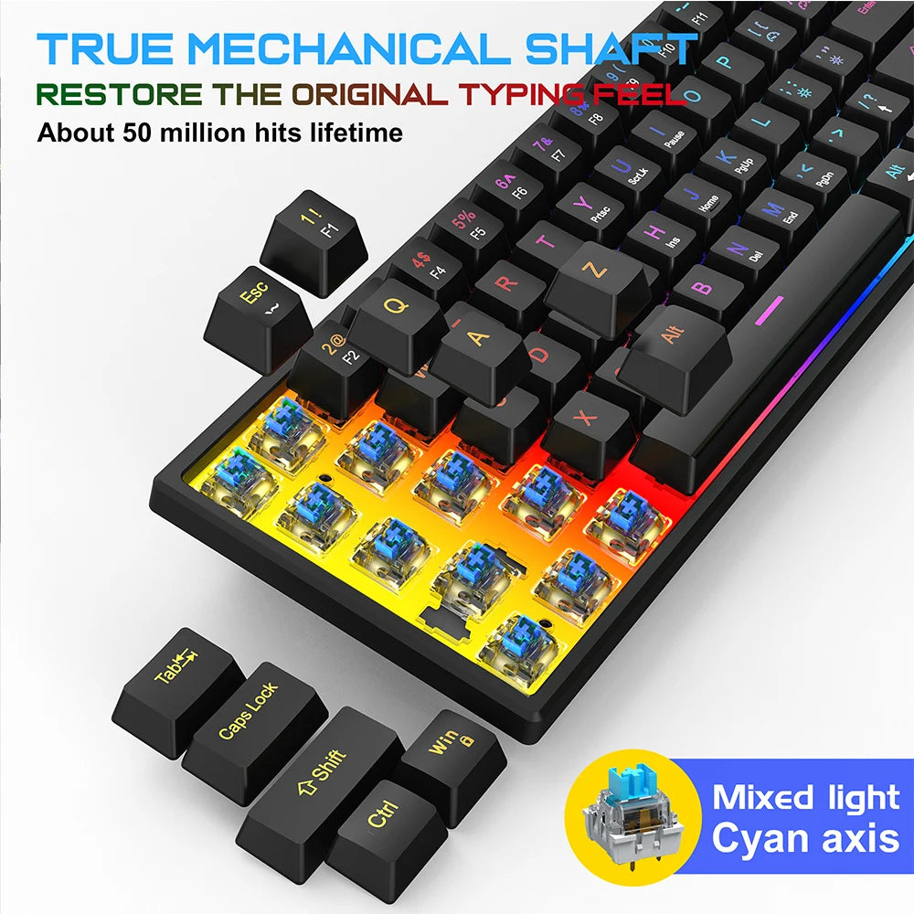 61 Keys Mechanical Keyboard Wired Gaming Keyboard Portable Ergonomics Keyboard Hot-Swappable RGB Backlit Cyan Axis Keycap For PC