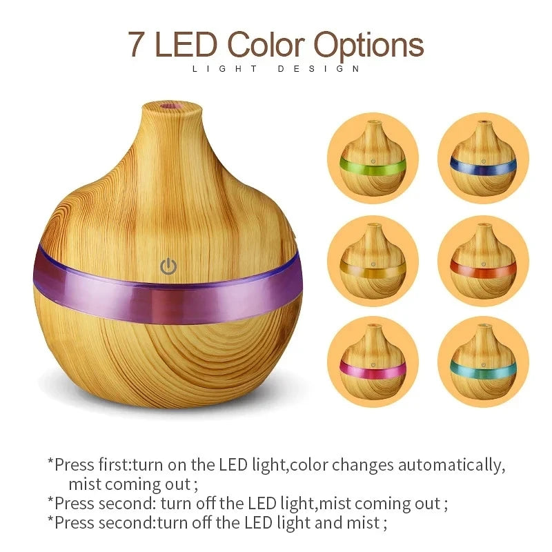 300ml High Quality Aromatherapy Essential Oil Diffuser Wood Grain Remote Control Ultrasonic Air Humidifier with 7 Colors Light