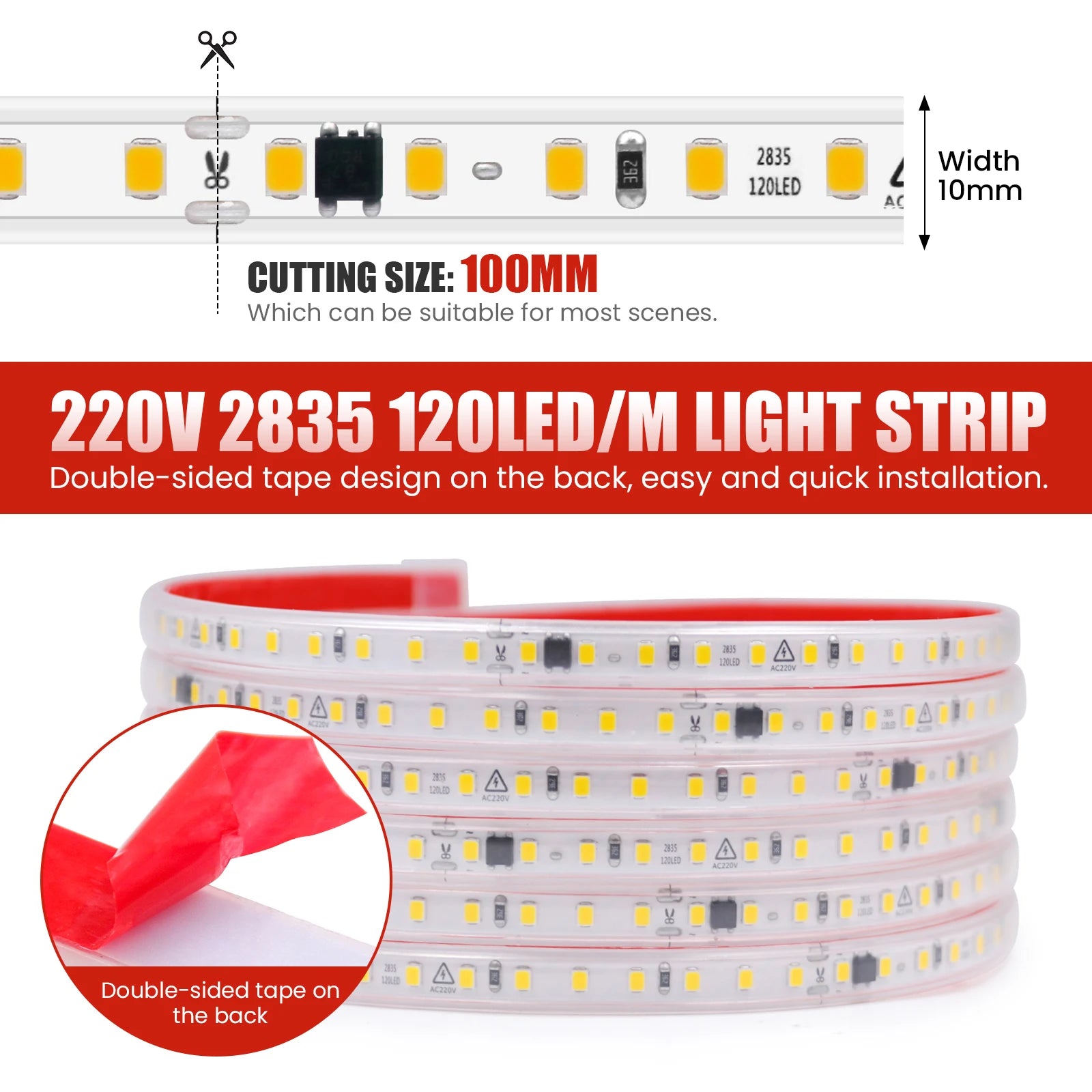 220V LED Strip Light 0.5m 5m 10m 20m 25m 30m 40m 2835 120LEDs Flexible LED Tape with Adhesive Tape Waterproof Ribbon Light