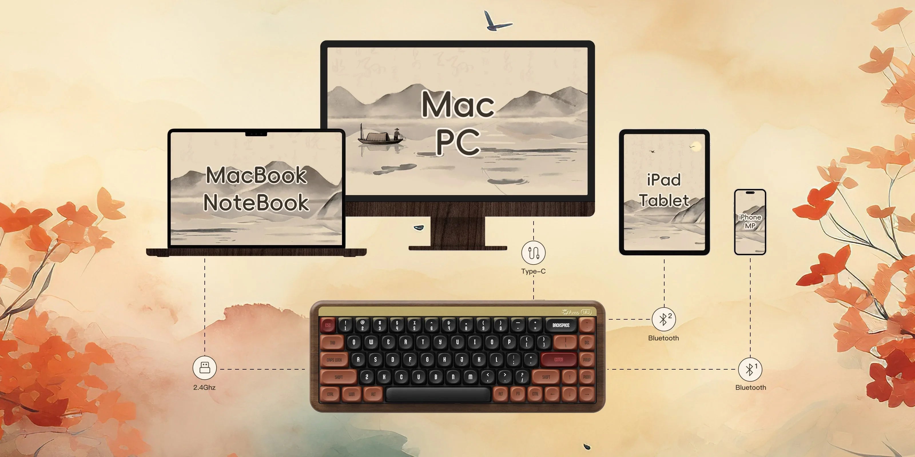 MU01/2 68key Wooden Mechanical Keyboard MOA Profile Custom RGB Hot-swappable BT 5.0/2.4G Wireless & Type-C Wired Gaming Keyboard