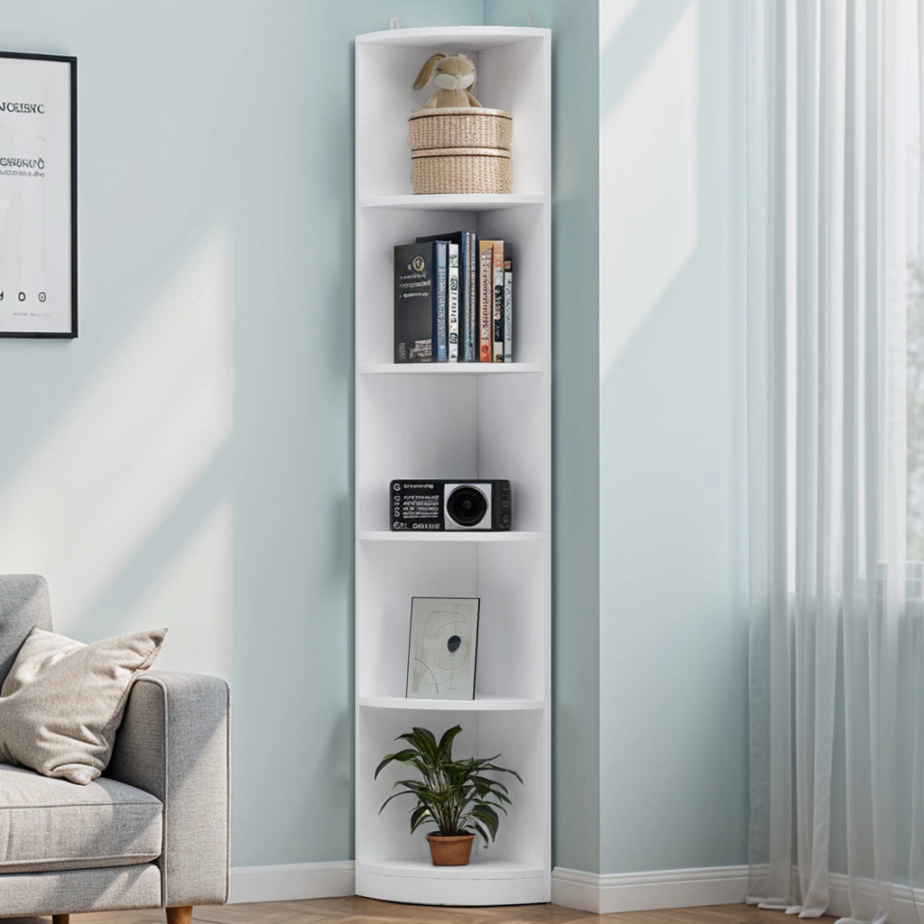 YITAHOME White 5-Tier Corner Bookcase - 30x30x180cm Wooden Shelf, Open Storage for Living Room & Office - Freestanding (White)