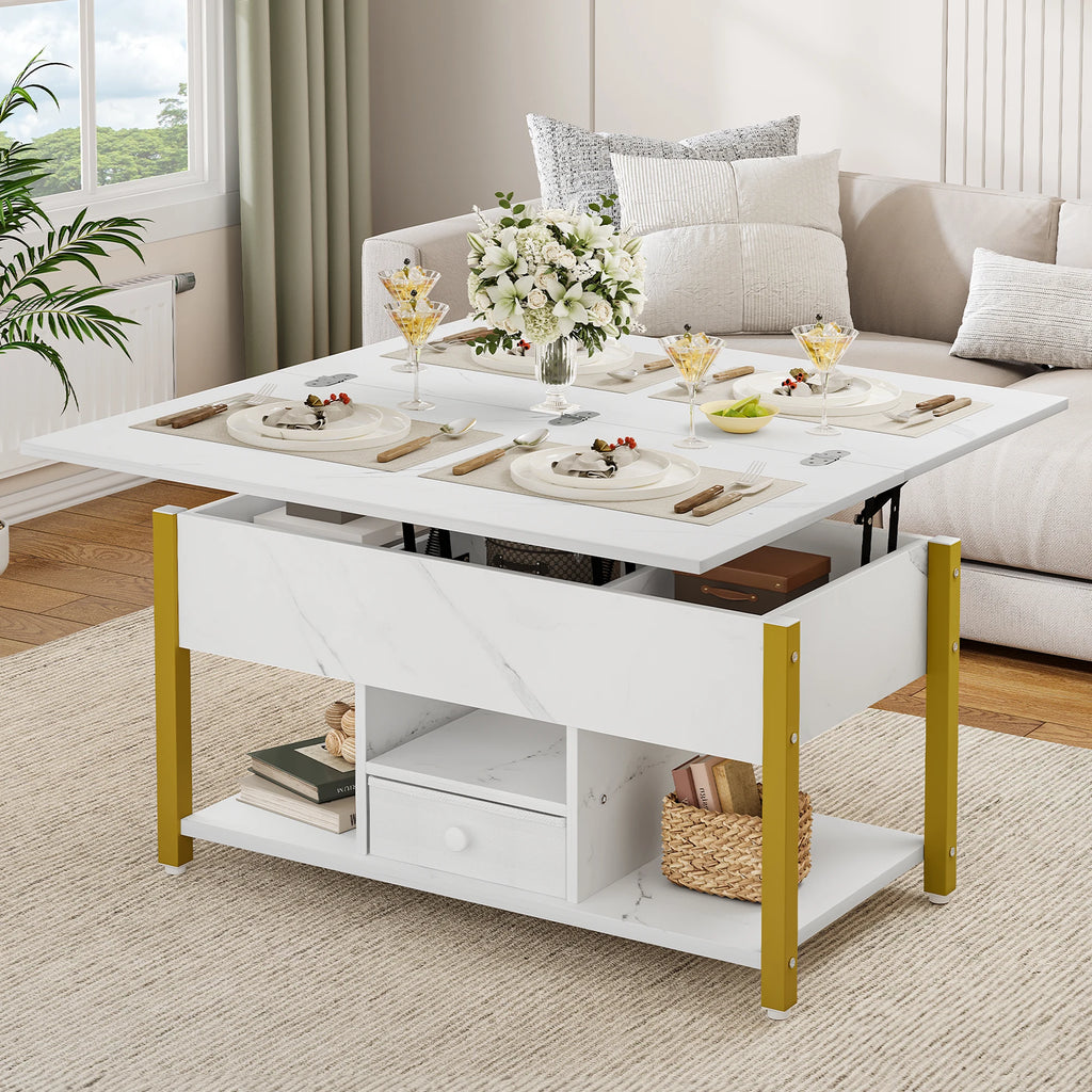 YITAHOME White Marble Lift Top Coffee Table 4 in 1 with Drawers Storage Converts to Dining Table for Living Room