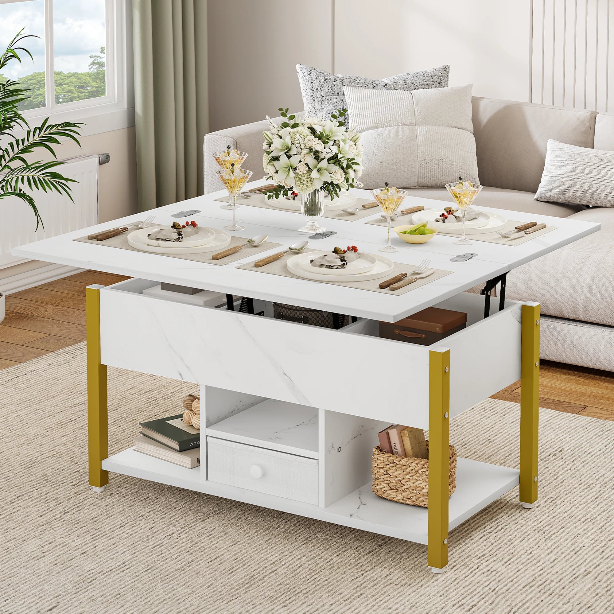 YITAHOME White Marble Lift Top Coffee Table 4 in 1 with Drawers Storage Converts to Dining Table for Living Room