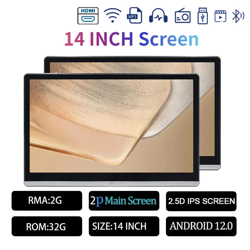 13.3/14" Car Headrest Monitor Display IPS Android 12 2G+32G/4G+64G/8G+128G Touch Screen For Car Rear Seat Player Dual HDMI Music