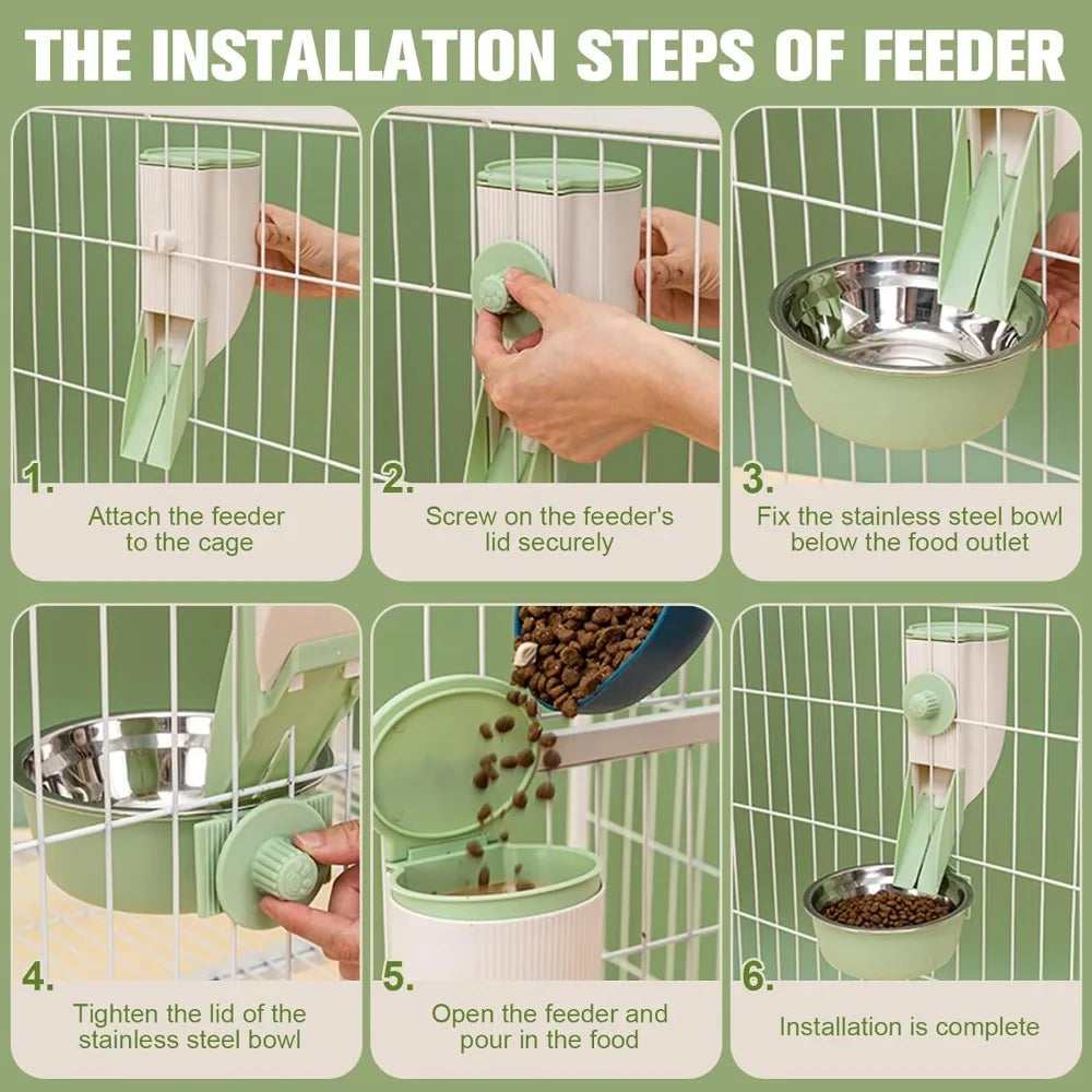 Hanging Automatic Pet Cat Food Feeder with 30oz Bowl and 500ml Water Dispenser Bunny Gravity Feeding Station Waterer Set Feeder