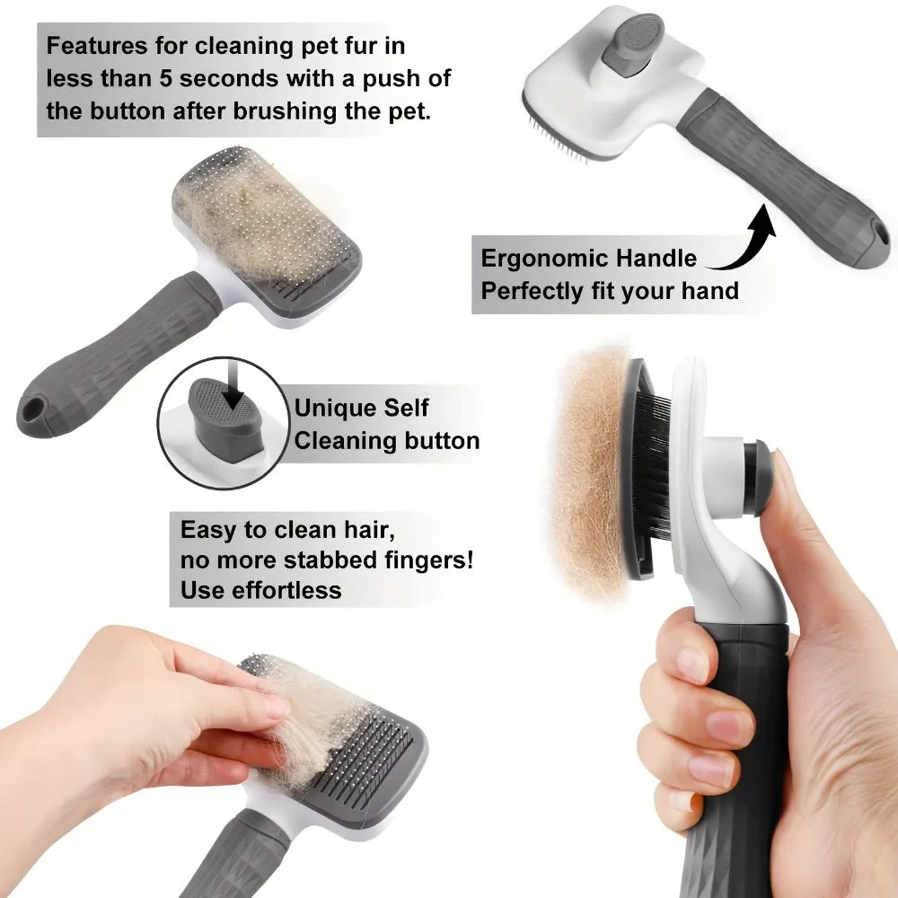Easy Clean Pet Grooming Brush with Self-Cleaning Button, Gentle Shedding Tool for Cats Dogs Loose Hair, 4 Seasons Use