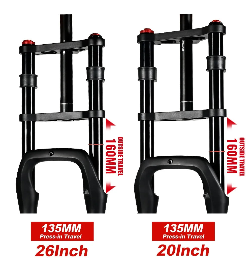 Nanlio Double Shoulder Snow Fork 20/26x4.0 Inch Fat Tire Air Suspension34mm Tube 135mm Hub Width for E-Bike MTB Electric Bicycle