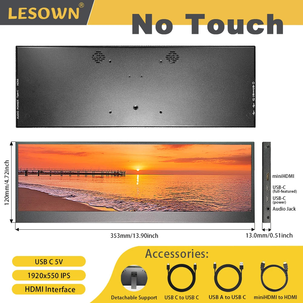 LESOWN 14.1 inch Long Portable Monitor 4K Ultra Wide Touch Screen Capacitive USB C HDMI IPS Laptop PC External LCD Monitor