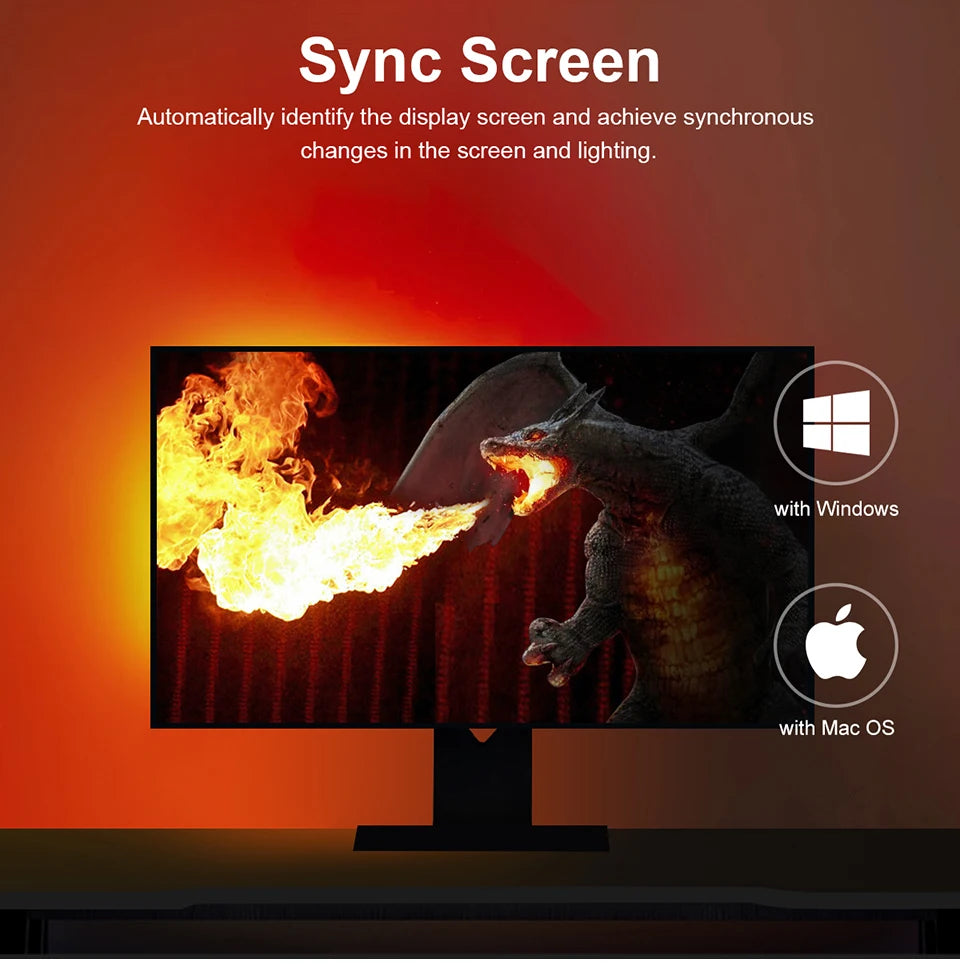 Smart Computer Monitor Sync Ambient USB LED Light Strip RGBIC PC Display Screen Backlight Gaming Decor Support Window/OS System