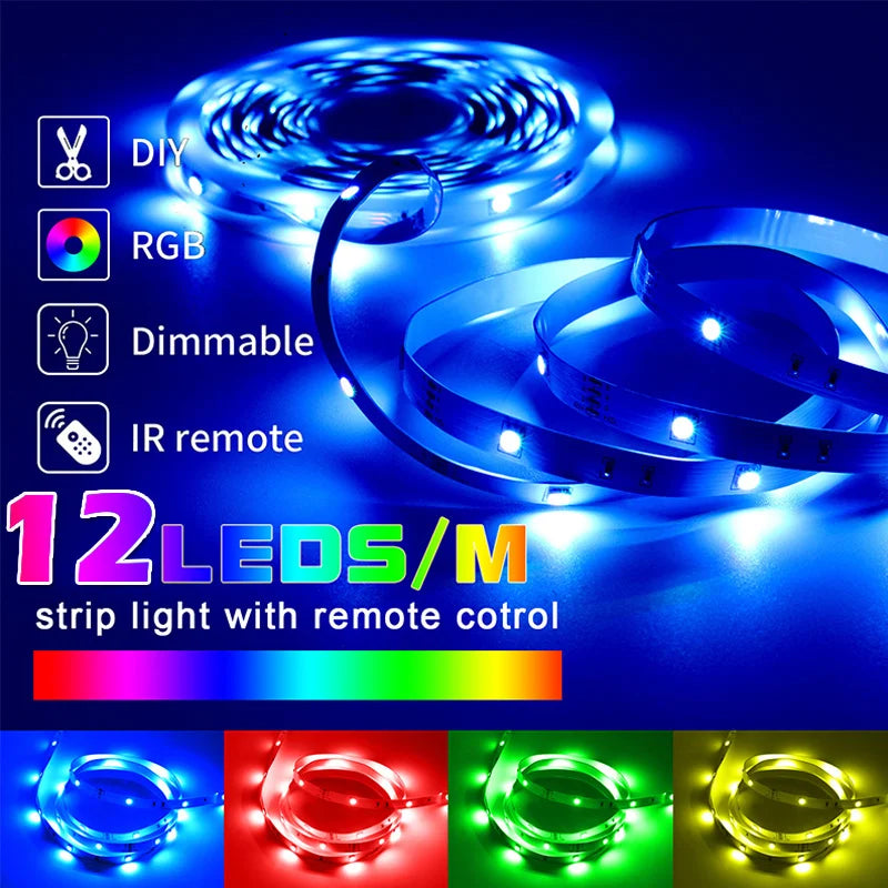 12LEDs/M LED Light Strip with Adhesive Adjustable Brightness RGB Color Changing Lights RGB Lighting USB 5V RGB LED Lights