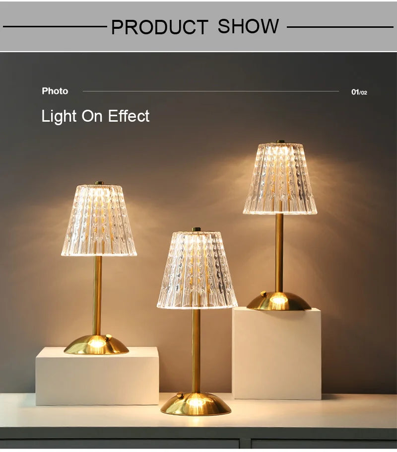 Nordic Crystal Rechargeable Table Lamp LED Bar Lamp Touch Dimmable Golden Desk Lamp Living Room Bedroom Hotel Lamp Bedside Lamp