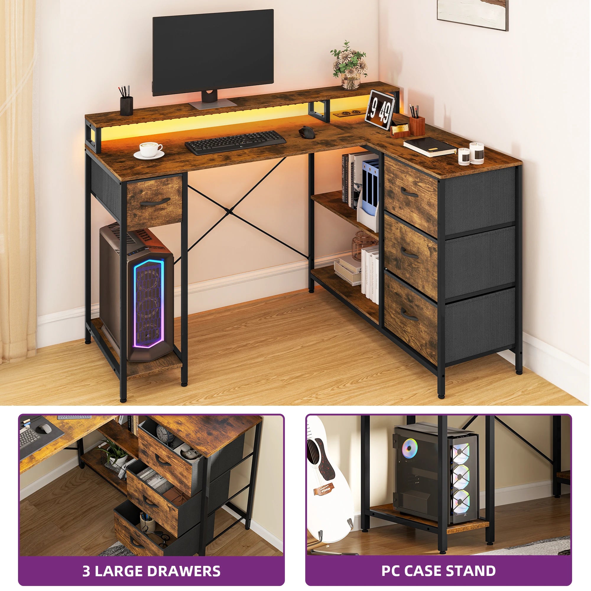 YITAHOME Brown L Shaped Office Desk 140x100cm with USB Charging 4 Drawers