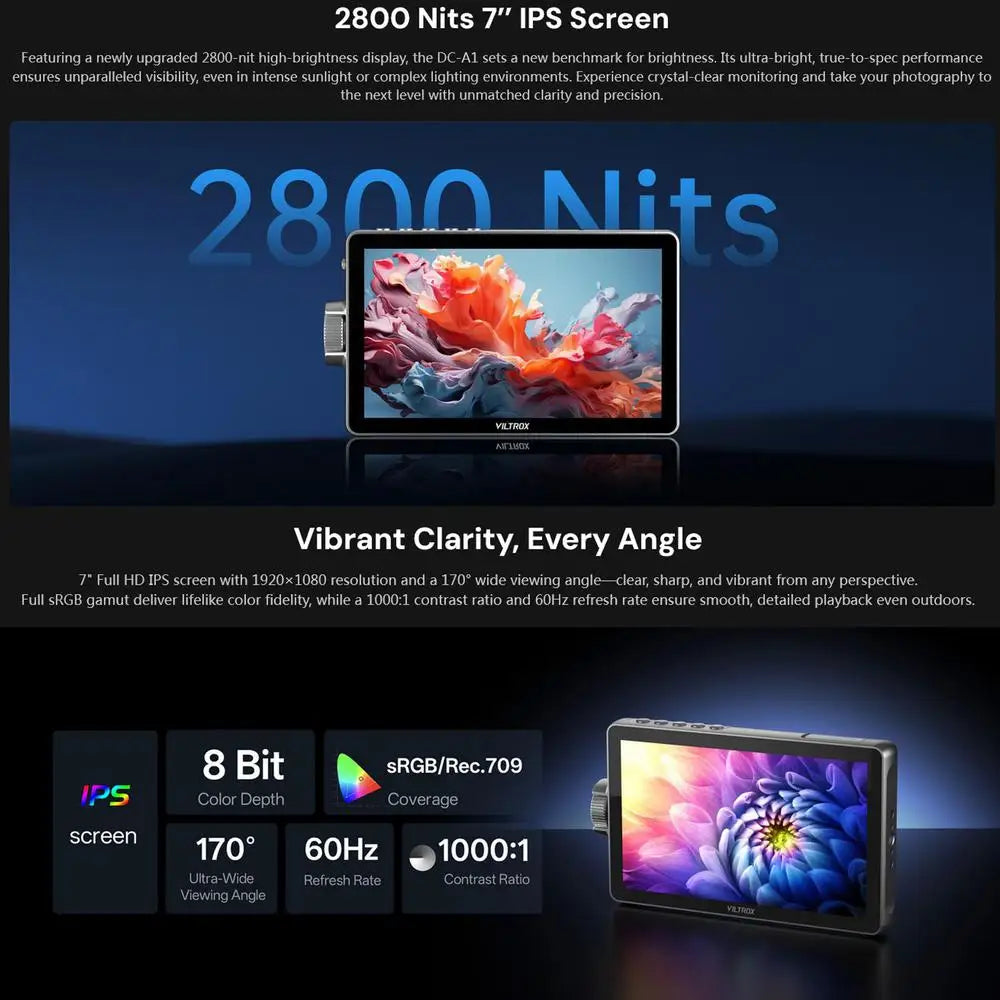 VILTROX DC-A1 2800nit Video Field Monitor, 7 Inch Touchscreen 60Hz 4K Camera External Monitor with Cooling Fans, 170° Wide Angle