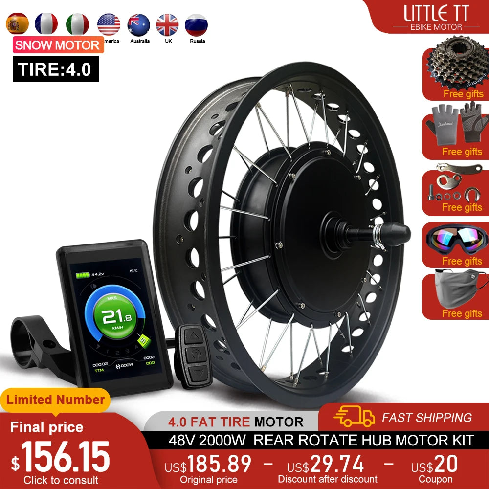 48V 2000W Electric Fat Bike Kit 20 24 26inch 4.0Tyre Brushless Non-gear Rear Hub Motor Wheel  Dropout 190mm For Snow eBike kit