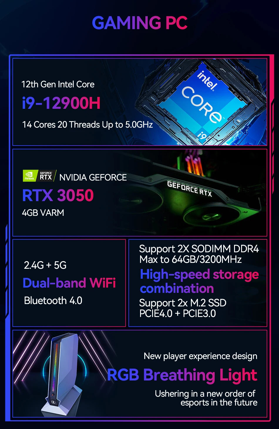 Gaming Mini Desktop PC Intel Core i9-12900H NVIDIA RTX4060 RTX3050 8GB GPU 32GB DDR4 1TB M.2 NVMe SSD WiFi6 Win11 RGB Light