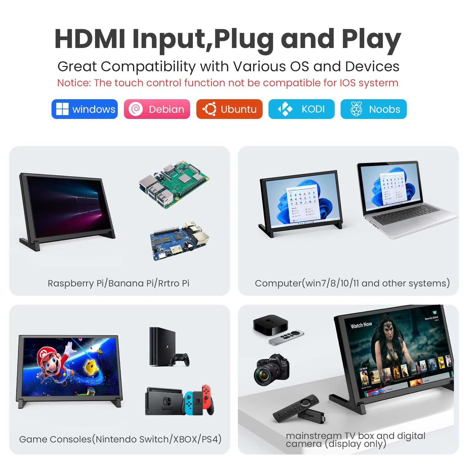 Miktver Small 10.1" Capacitive 10 Points Touch Monitor With Stand 1280x800P Raspberry Pi Display Plug&Play For Laptop Win 7/8/10