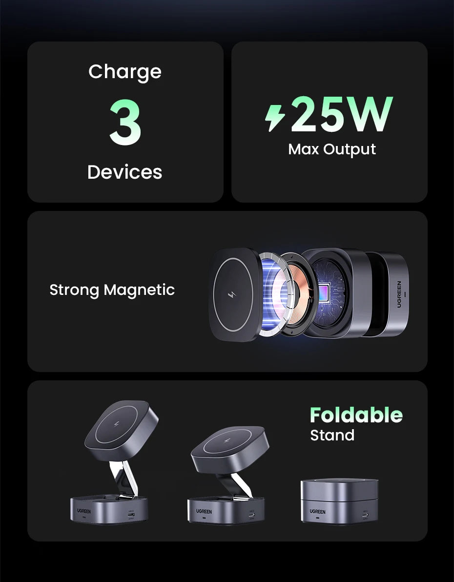 UGREEN 25W Magnetic Wireless Charger Stand 2-in-1 Charging Stand For iPhone 16 15 Pro Max/AirPods For Magsafe Fast Charger