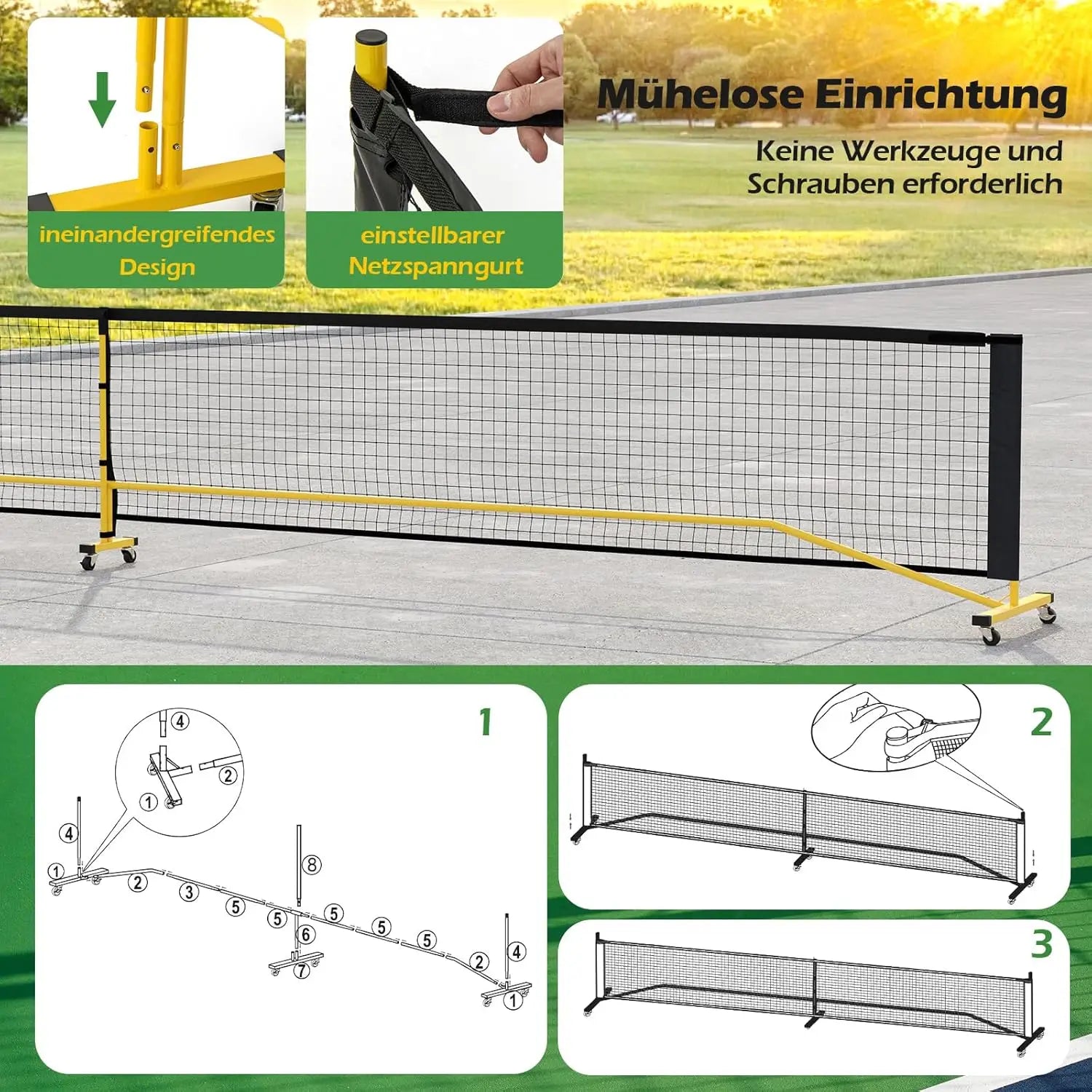 Portable Pickleball Net with Wheels, 6.7 m Official Size Pickleball System with Metal Frame & Carrying Bag, Outdoor Weatherproof