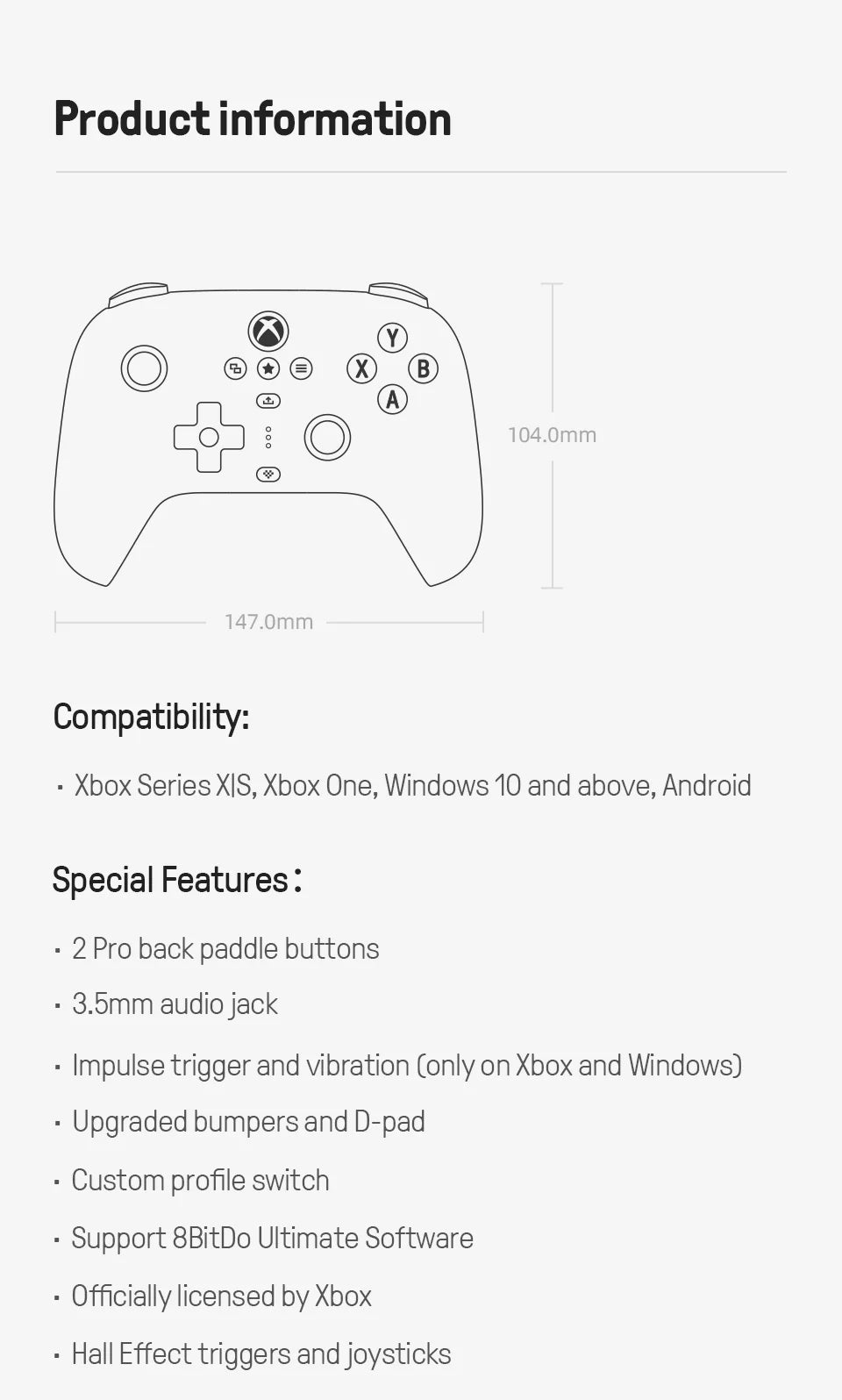 8BitDo Ultimate 3-mode Gaming Controller for Xbox, Hall Effect Joysticks, Compatible Windows, and Android