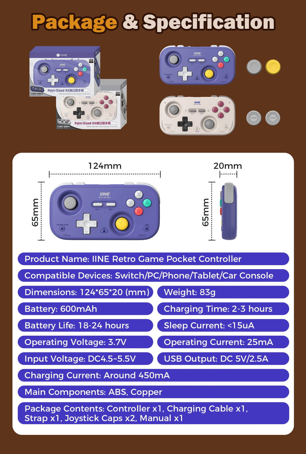 IINE Pocket Retro Game Controller,1000Hz Recessed Stick, Hall Effect Joysticks,Portable Mini Gamepad Customizable Controls