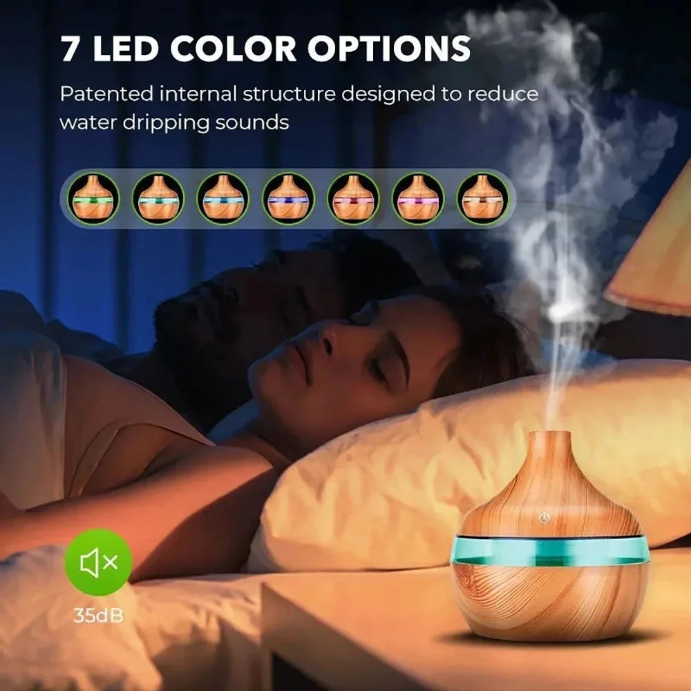 300ml High Quality Aromatherapy Essential Oil Diffuser Wood Grain Remote Control Ultrasonic Air Humidifier with 7 Colors Light