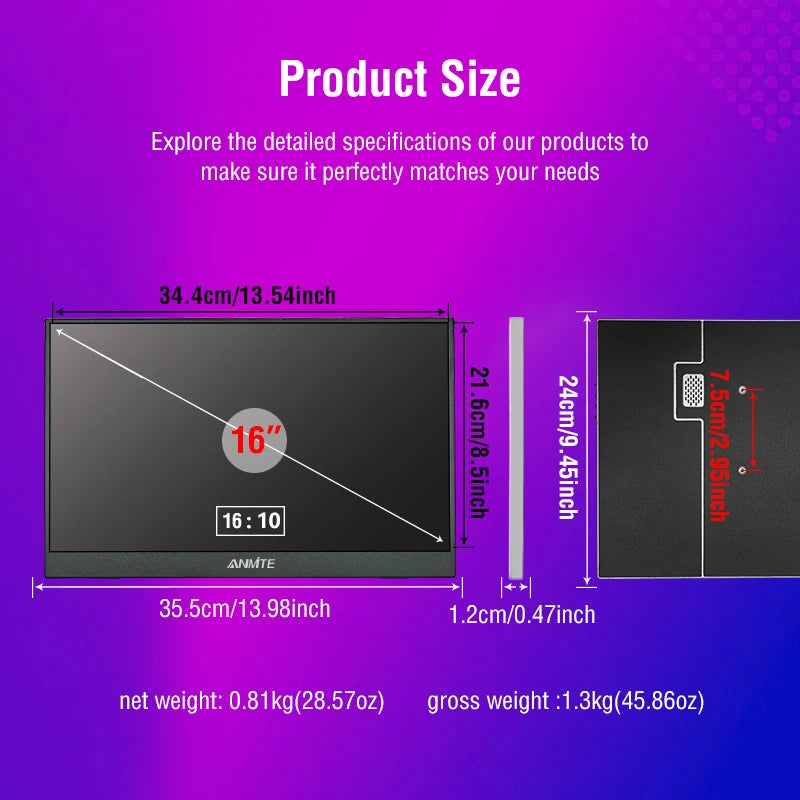 16-Inch Portable Gaming Monitor 165Hz/120Hz 300cd/m Low Blue Light For XBox PS4 / 5 Switch Cell Phone PC Loptop Extension
