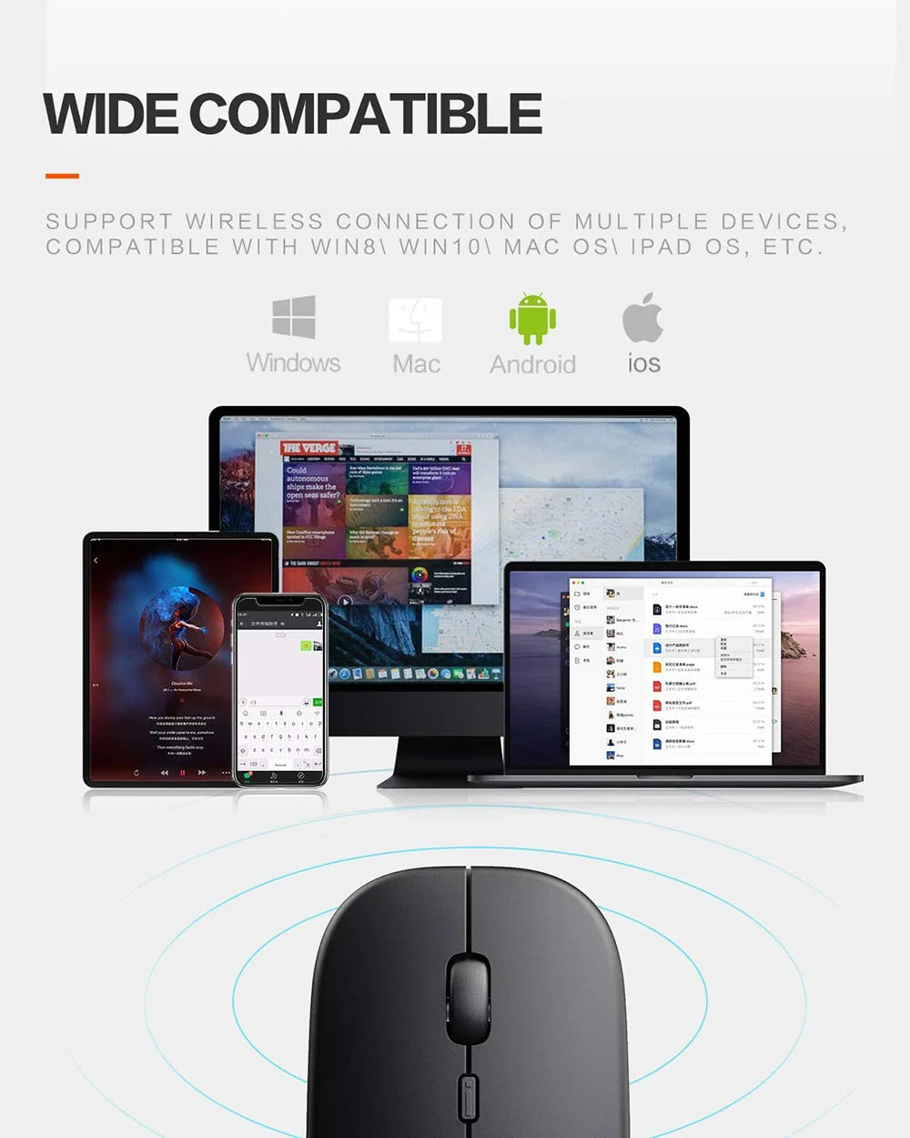 Wireless Rechargeable Mouse for Laptop Computer PC,  Slim Mini Noiseless Cordless Mouse, 2.4G Mice for Home/Office
